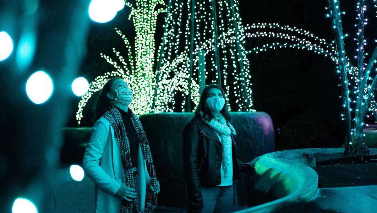 Two women wearing masks looking at Christmas lights at Winter Wonderlights at nighttime