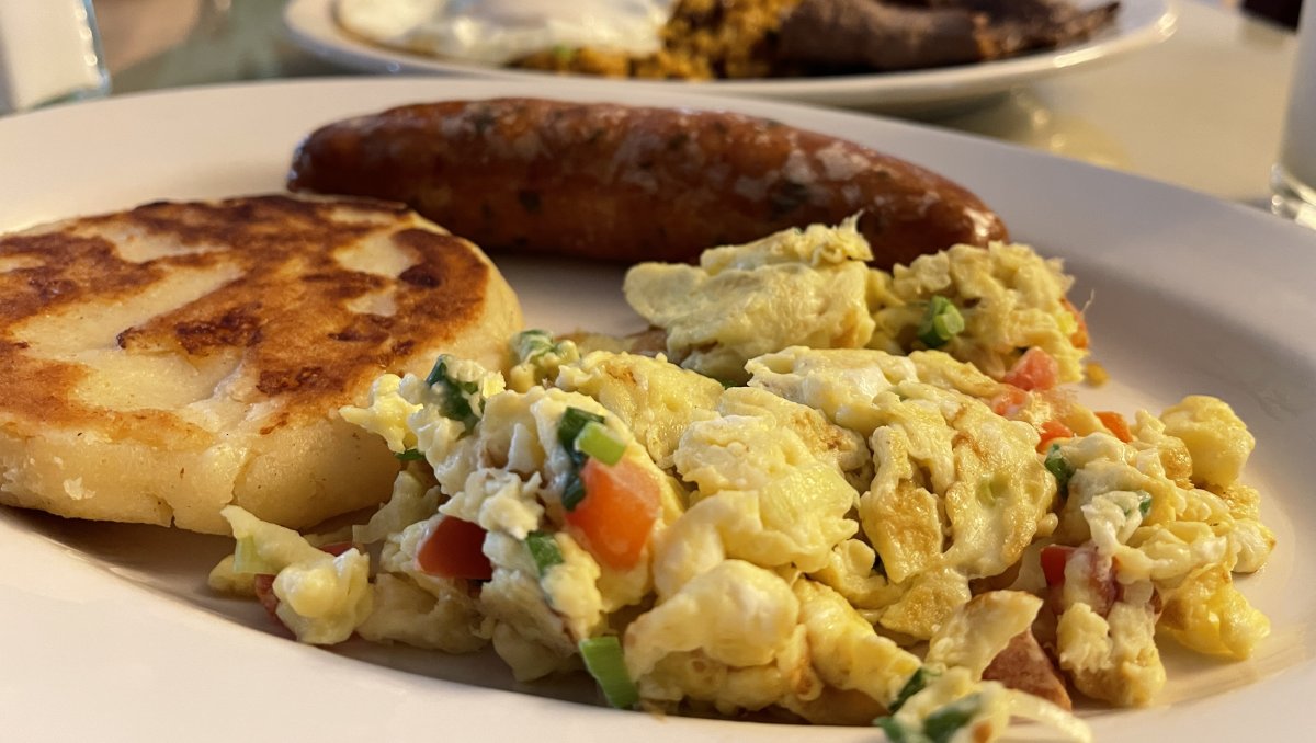 Plate of breakfast food at Colombian food restaurant