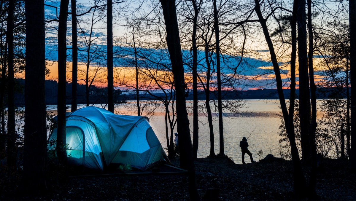 Person fishing and tent in foreground against bare trees at sunrise