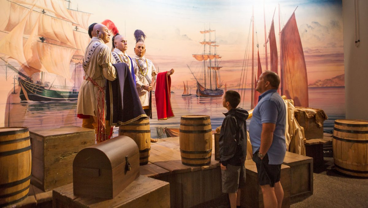 Father and son looking at display at Museum of the Cherokee Indian indoors