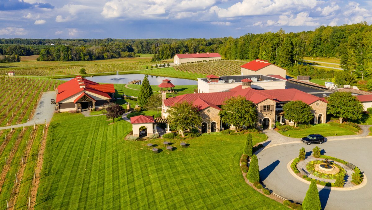 Aerial of beautiful winery grounds and vineyards during sunny day