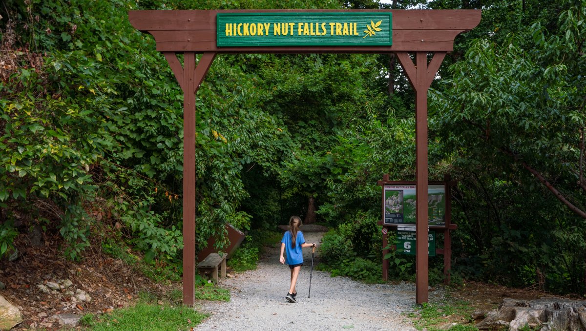 Child with walking stick entering trail under archway reading 