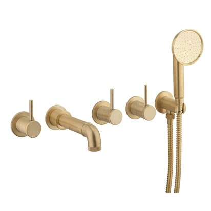 CROSSWATER MPRO INDUSTRIAL 5 HOLE WALL MOUNTED BATH FILLER TAP WITH SPOUT & HANDSET - UNLACQUERED BRUSHED BRASS