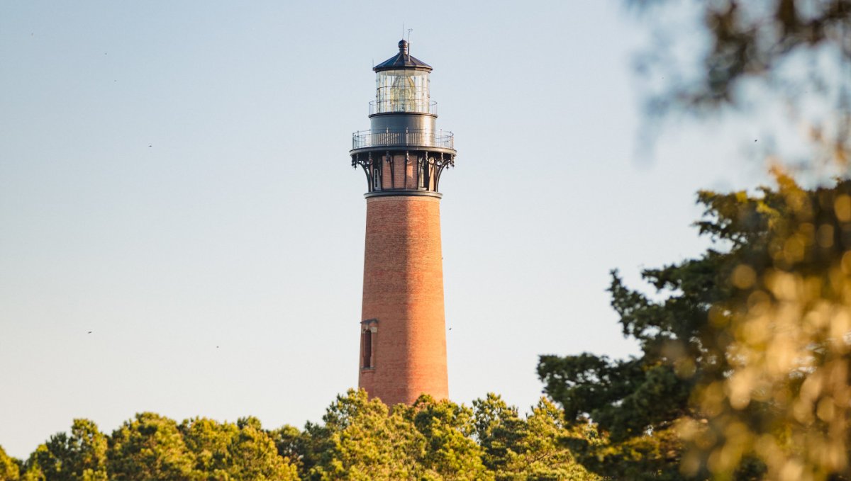 Top of Currituck Beach Lighthouse towering over surrounding trees with docks in foreground