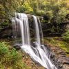 People walking behind Dry Falls with fall foliage all around