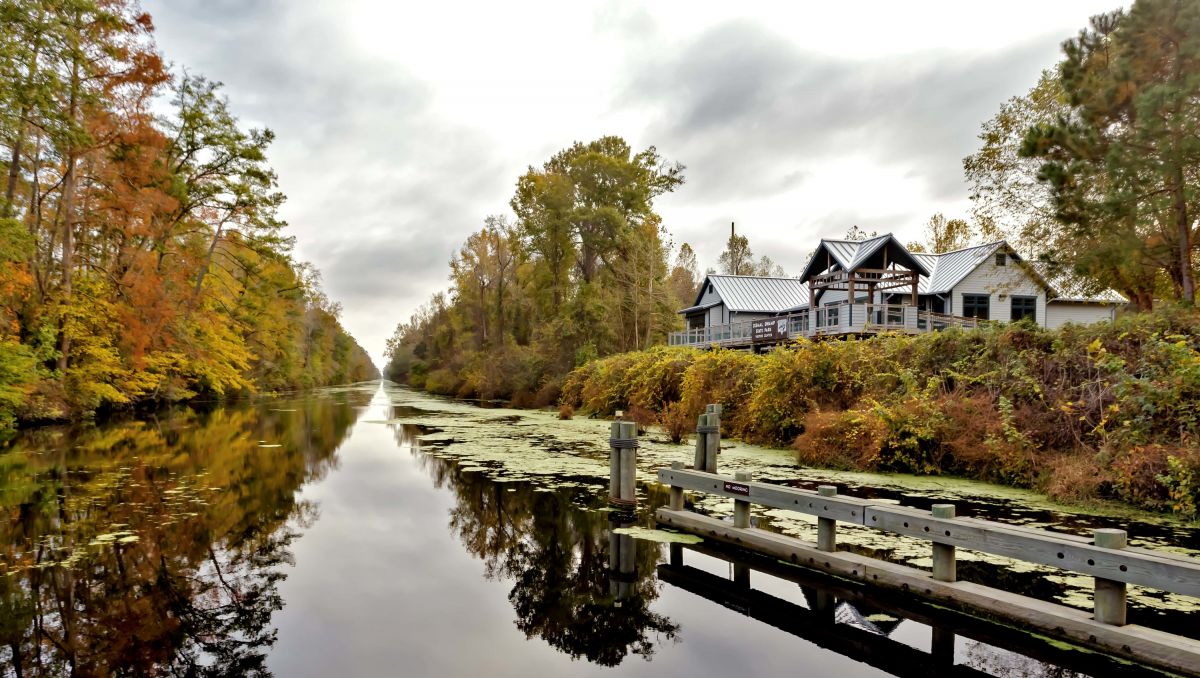 Dismal Swamp State Park with building to right with pretty fall foliage