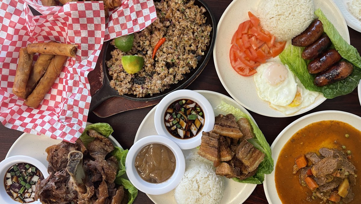 Overhead of plates of different international foods