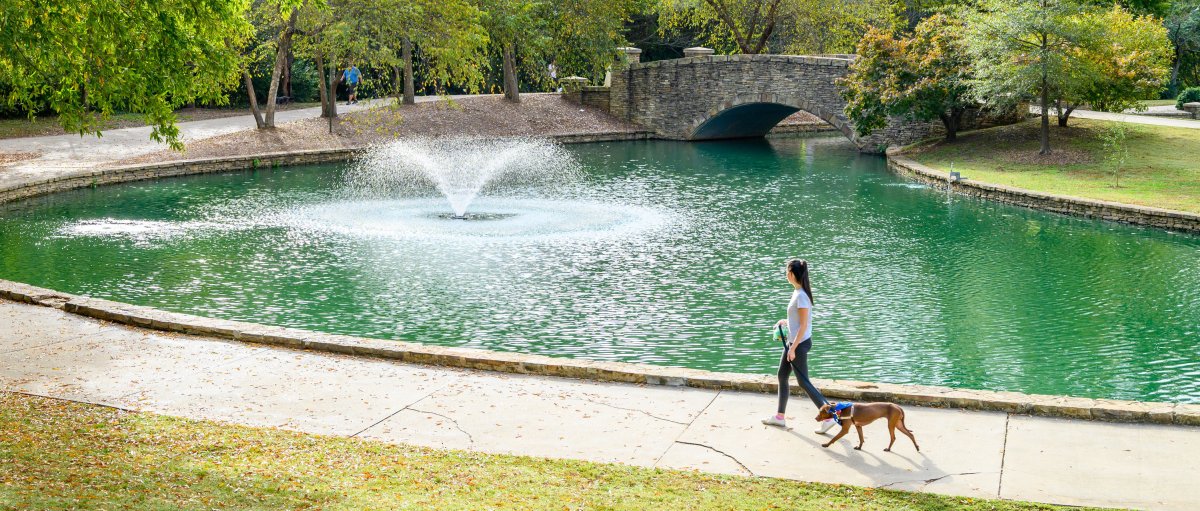 Woman walking dog alongside pond with fountain surrounded by trees and grass