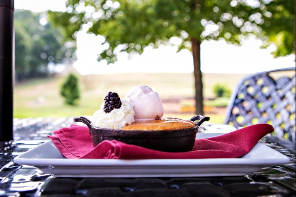 Closeup of sonker dessert on plate with vineyard grounds in background