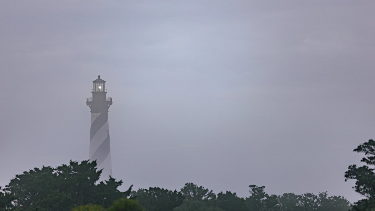 Top of Cape Hatteras Lighthouse on foggy winter afternoon afternoon