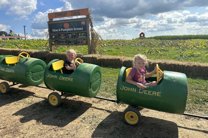 Two kids in tractor toys smiling at camera with pumpkin patch in background