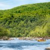 Two rafts float down river with green trees and rocks in background