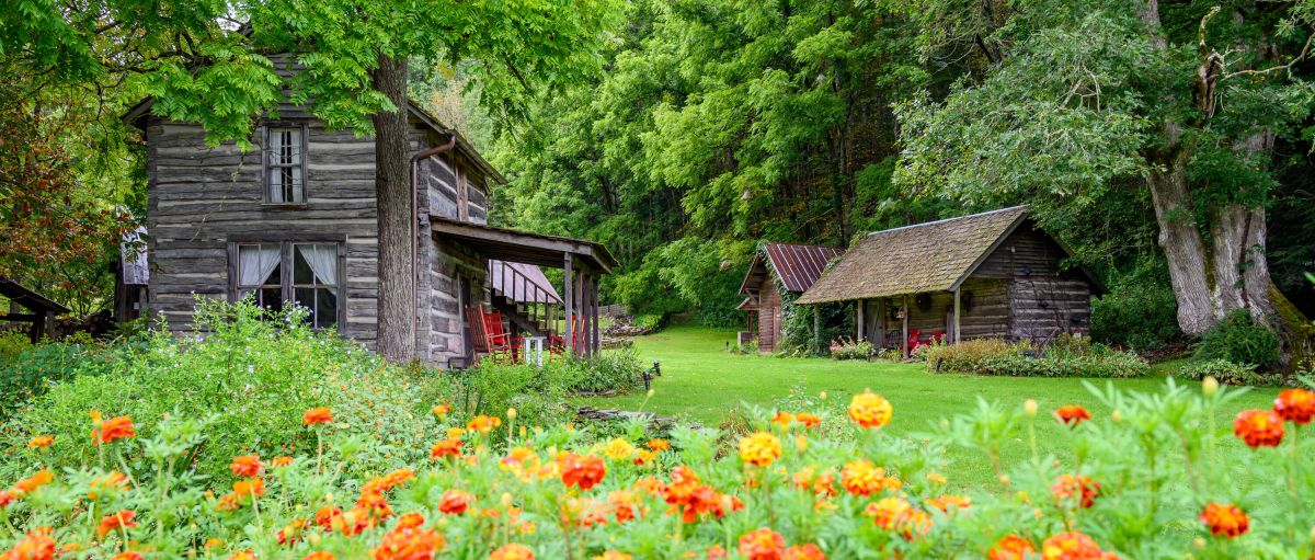 Two historic, wood cottages on Mast Farm Inn grounds with orange flowers in forefront and green trees in background