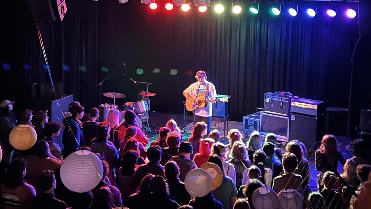 Person performing on stage with colorful lights in background and crowd in front