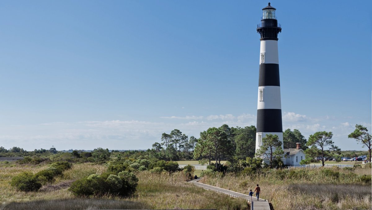 Black and white lighthouse surrounded by walking path, trees and marshes