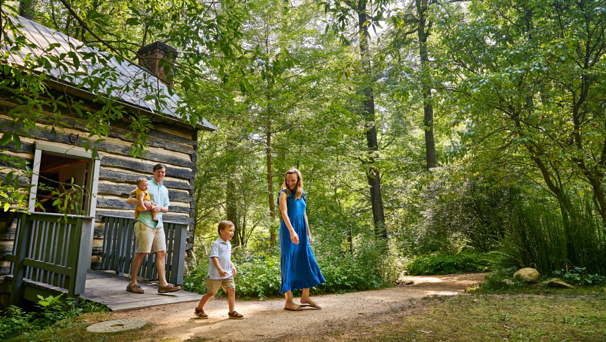 Family walking along path in forest with green trees