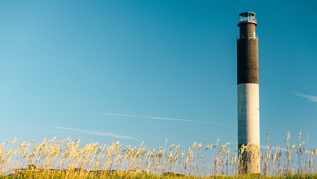 Oak Island lighthouse in distance with sea oats and marsh in foreground