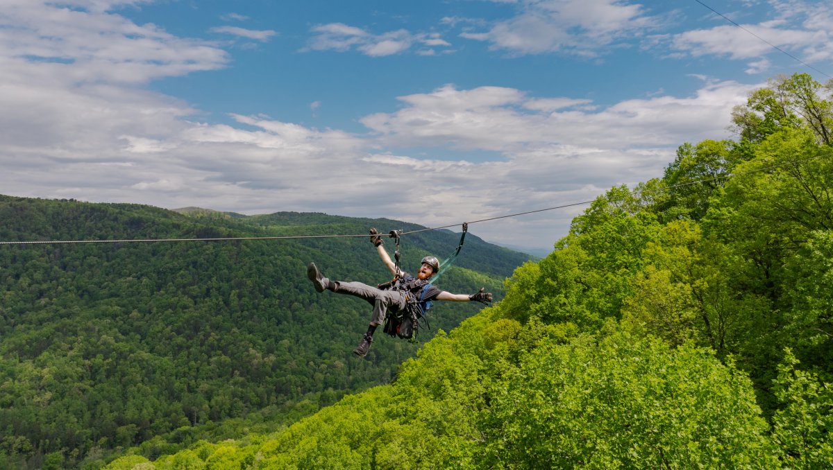 Person zip lining over bright green trees with mountains in background