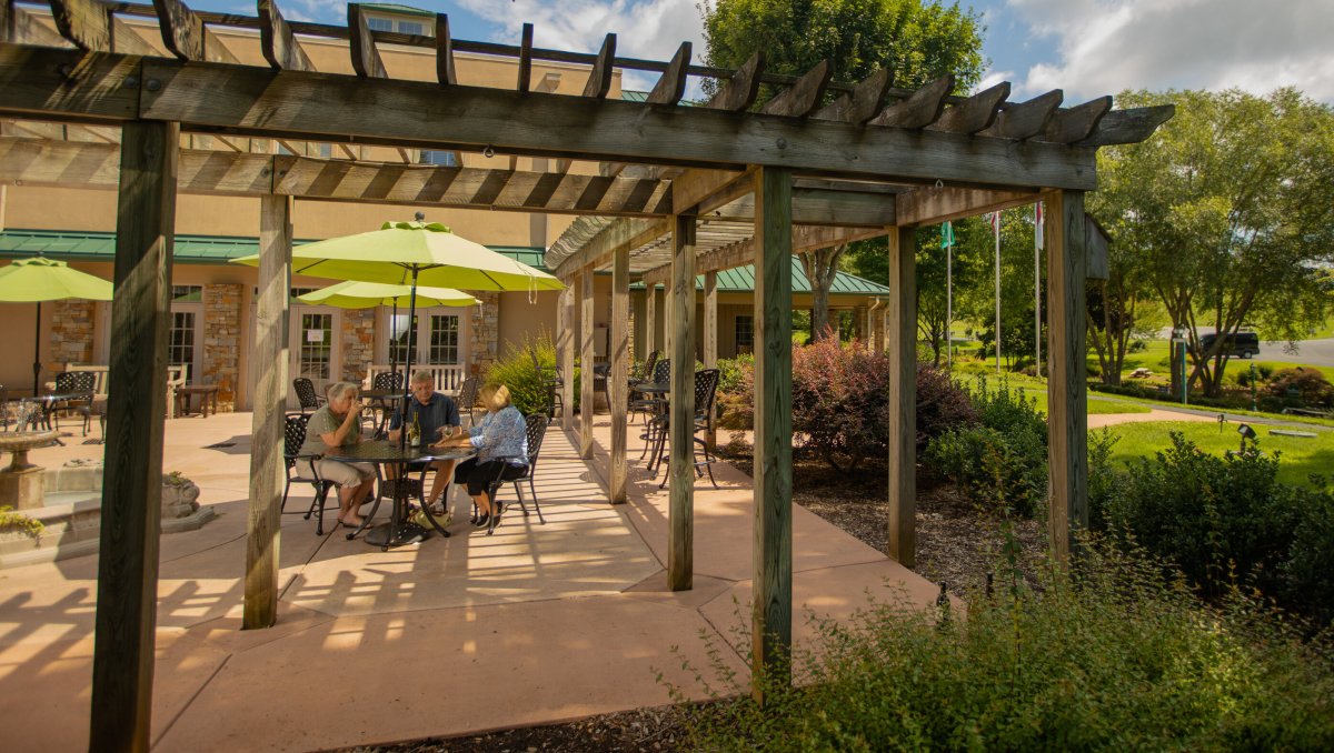 Friends enjoying wine on pergola-covered patio at Shelton Vineyards during daytime