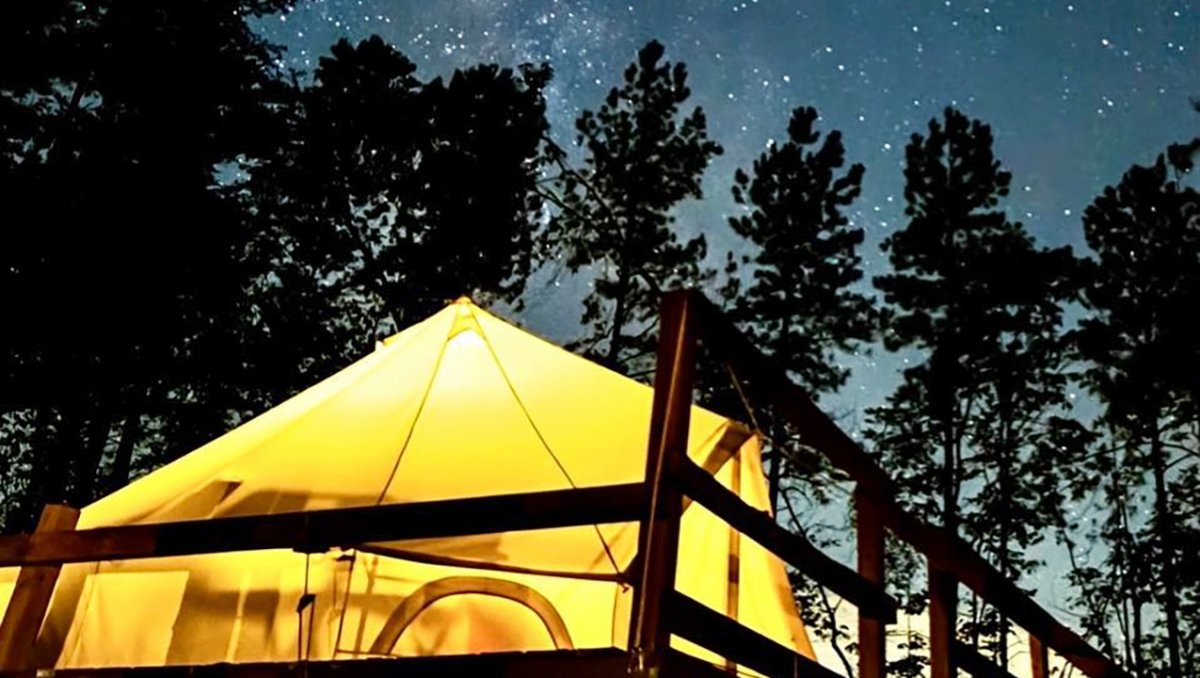 Lit up yellow tent on camping platform with trees in background underneath starry sky