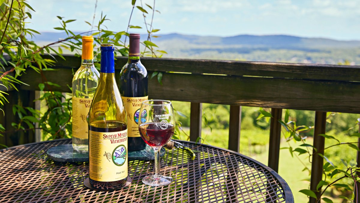 Various bottles of wine sitting on table with view overlooking mountains