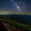 Starry sky and Milky Way above mountains and overlook at night