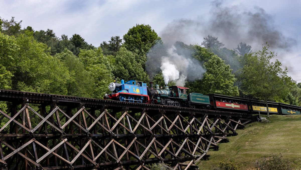 Thomas the Tank Engine train at Tweetsie riding down elevated train track with green trees in background during daytime