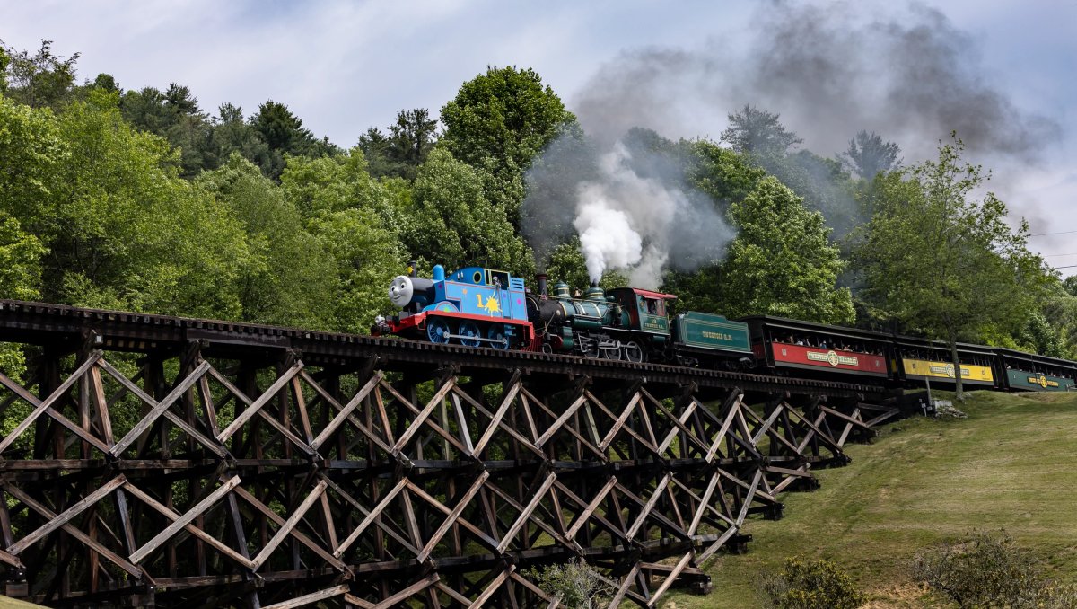 Thomas the Tank Engine train at Tweetsie riding down elevated train track with green trees in background during daytime