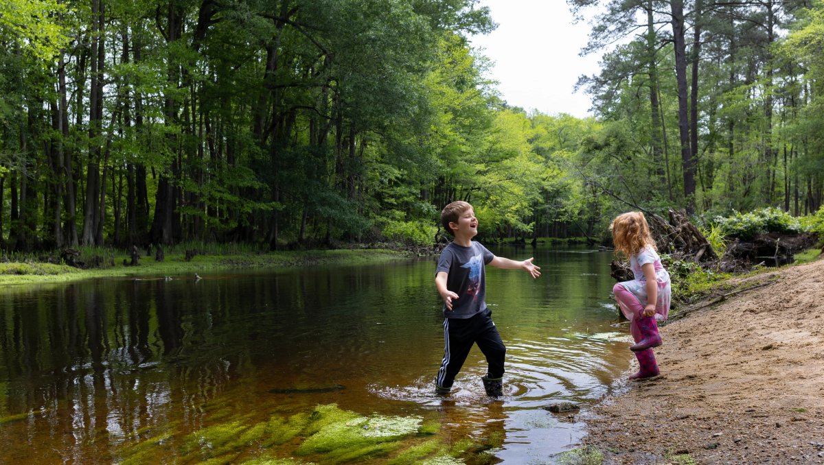 Young brother and sister playing in riverbanks surrounded by green trees in state park