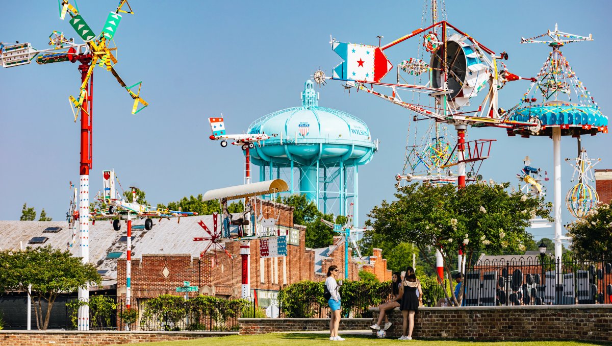 Friends standing in front of whirligig park and water tower in background