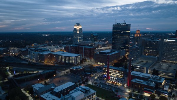 Aerial of downtown Winston-Salem at dusk